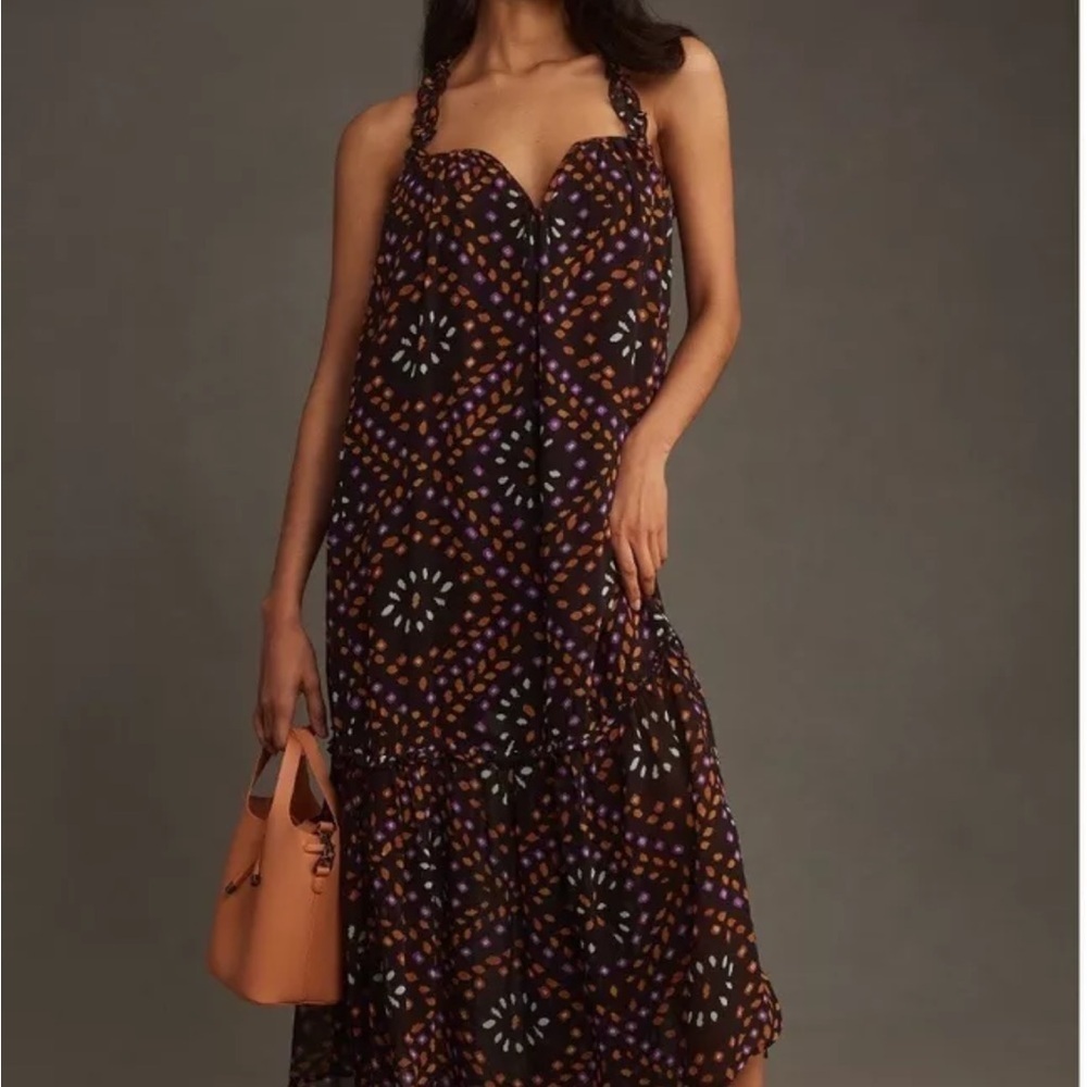 Anthropologie Chiffon Sleeveless Tent Maxi Dress Black Geometric Tiered Sz L NEW
